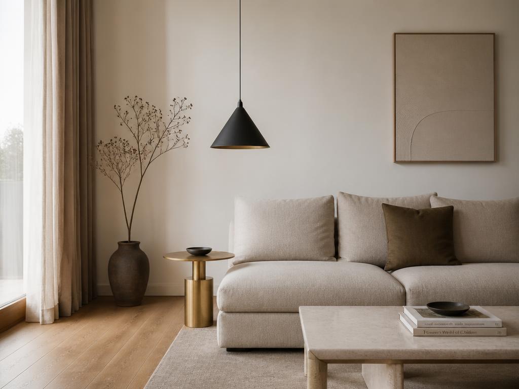 Sala de estar minimalista com pendente cônico preto