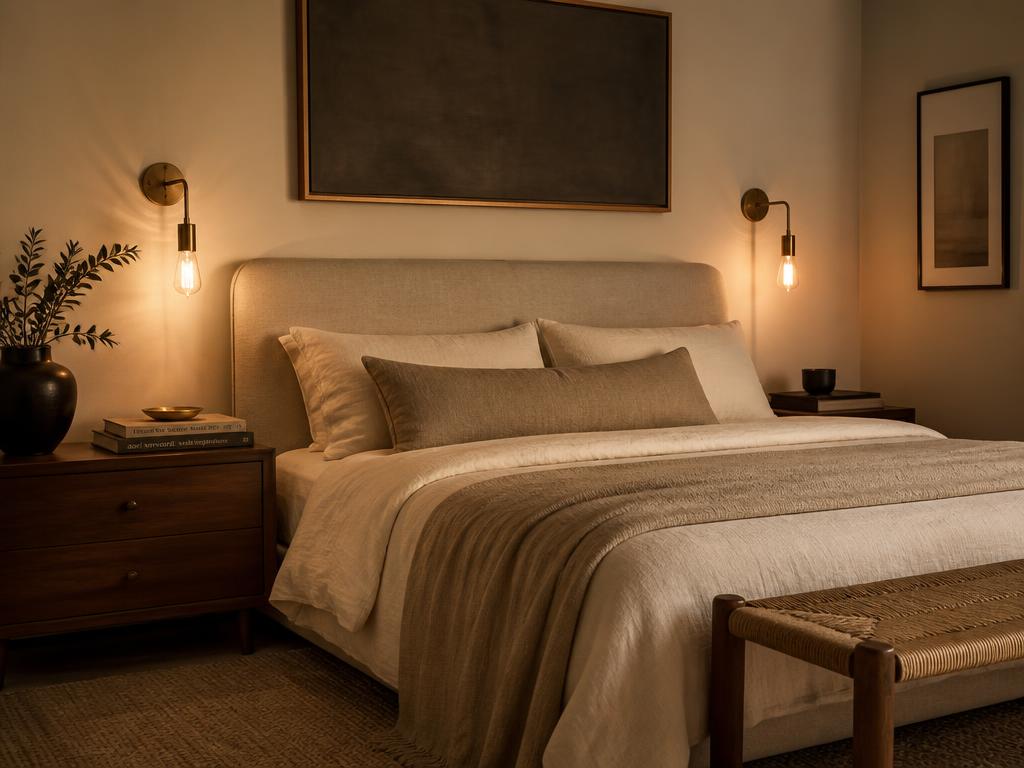 Quarto com arandelas de latão ao lado da cama
