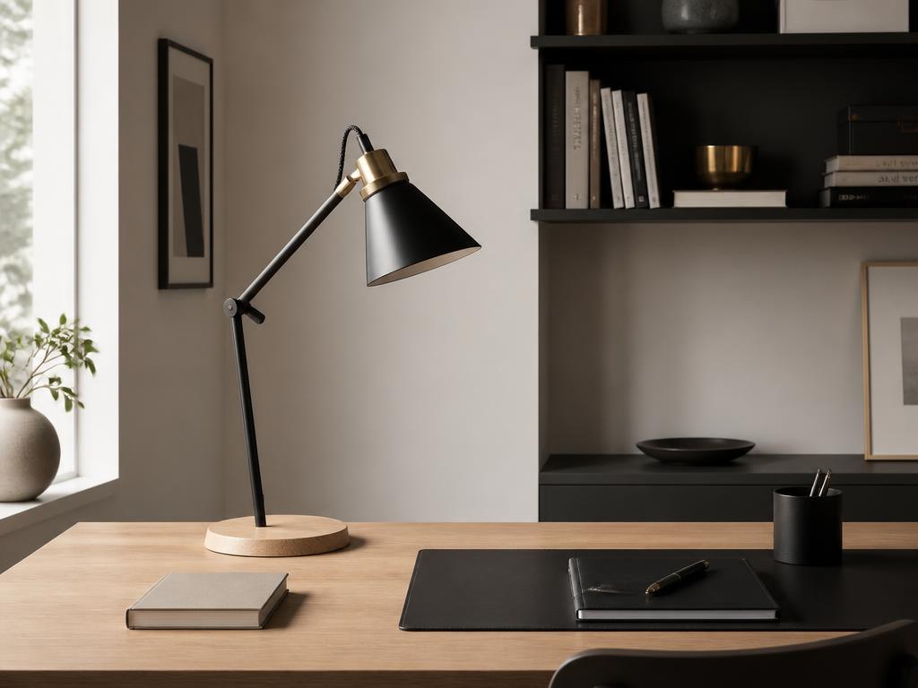 Escritório com luminária de mesa preta e madeira clara