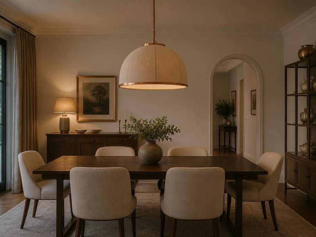 Sala de jantar com cúpula de linho e mesa escura