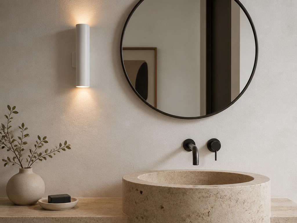 Lavabo com arandela cilíndrica branca e espelho redondo