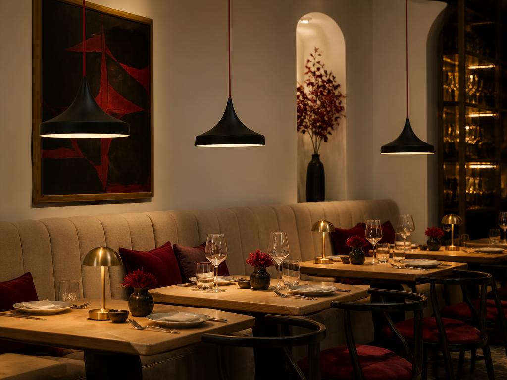 Restaurante com pendentes tulipa pretos e fio vermelho