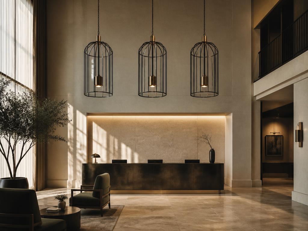 Lobby de hotel com pendentes de gaiola preta e latão