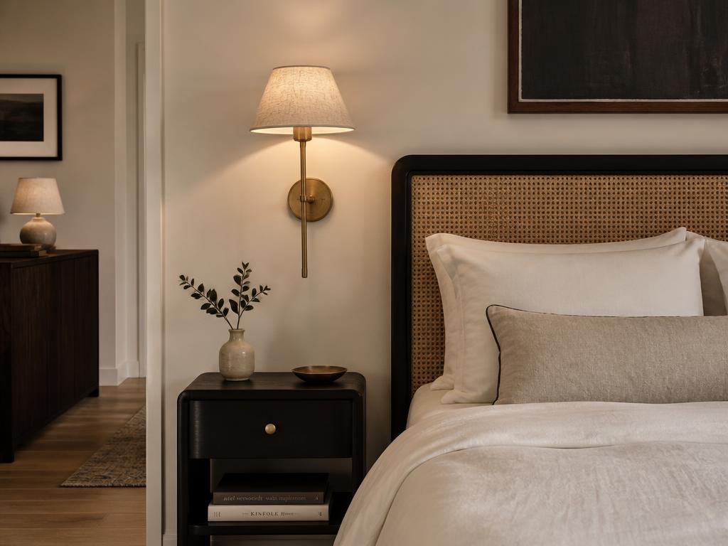 Quarto de hotel com arandela de latão e cúpula de linho