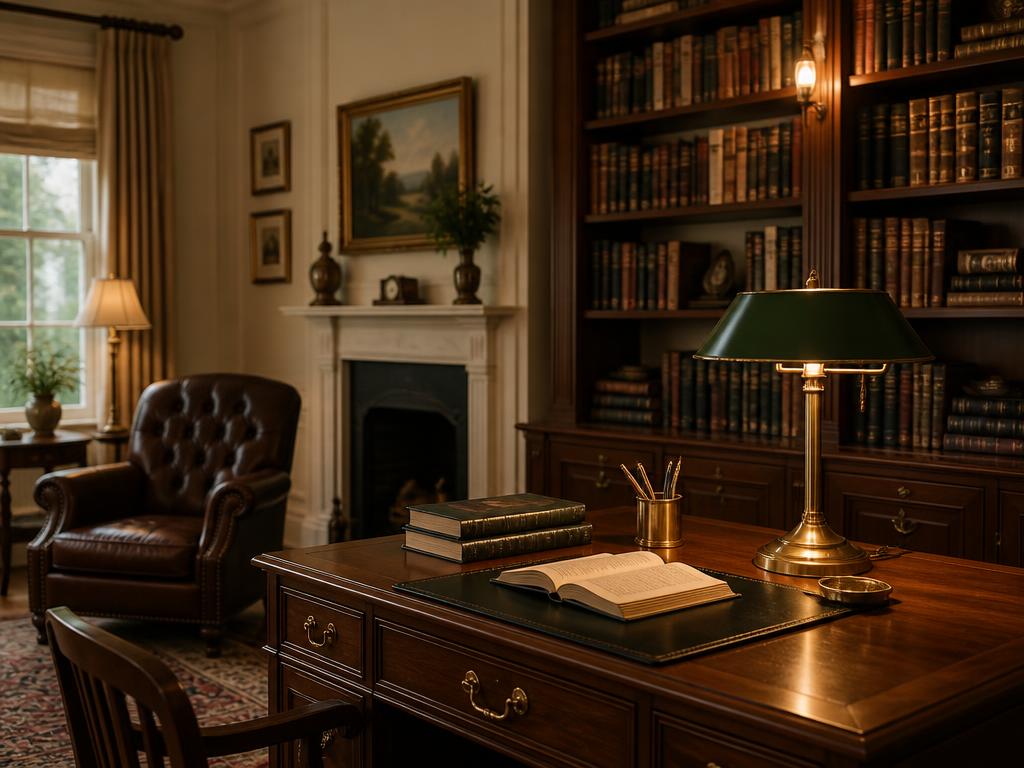 Biblioteca com luminária de mesa verde e latão