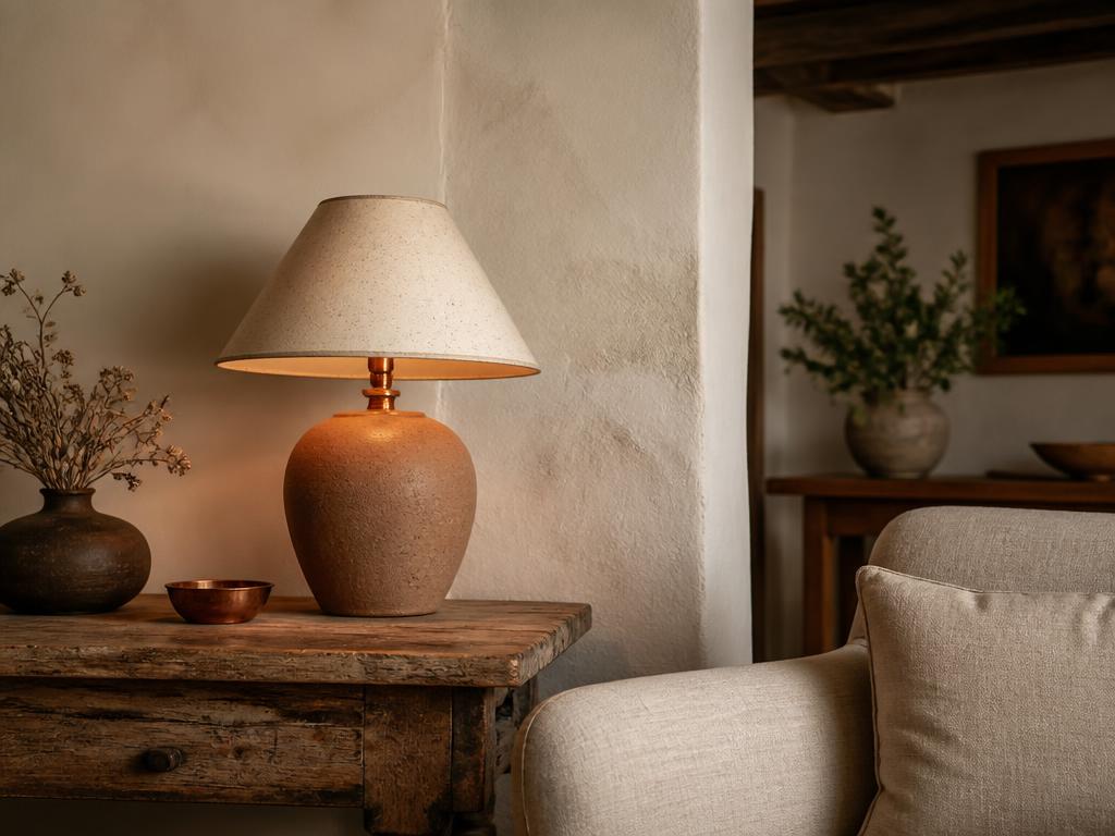 Casa de campo com luminária de mesa de cerâmica cru