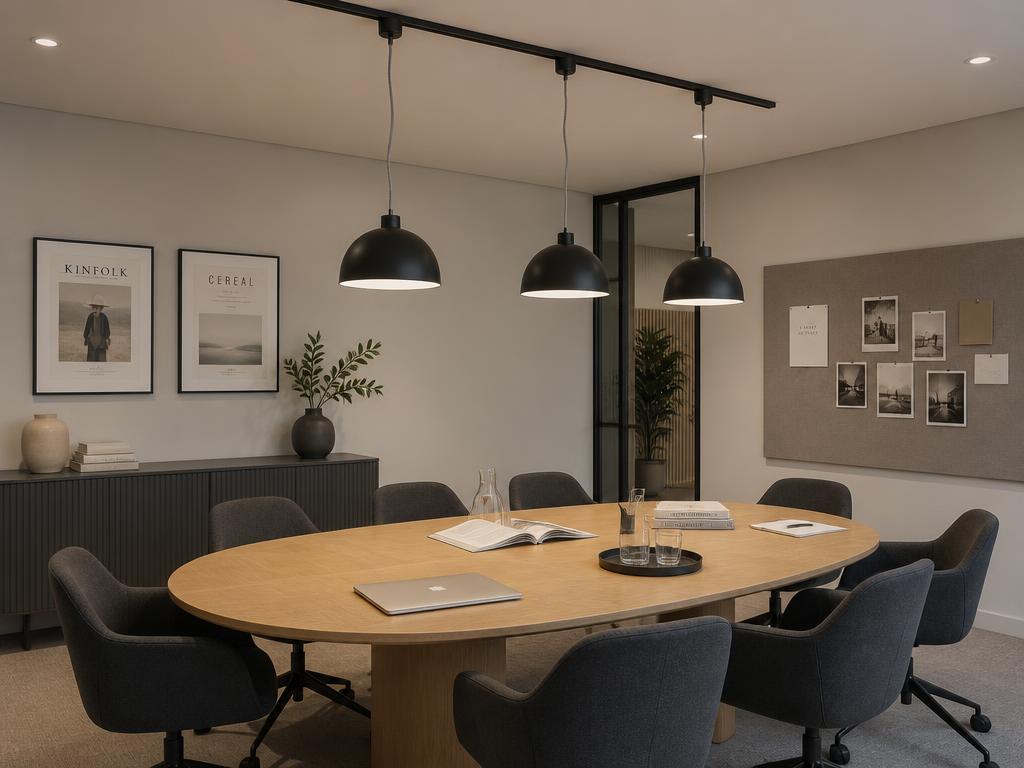 Sala de reuniões com trilho de pendentes domo pretos