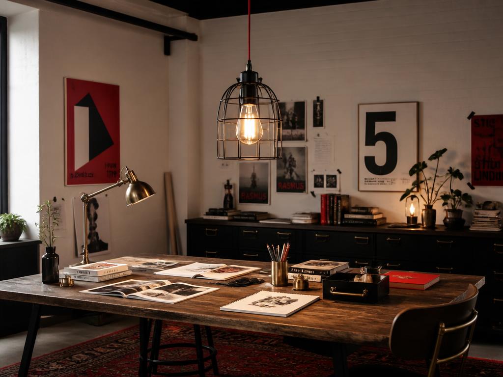 Studio criativo com pendente de gaiola preta e lâmpada Edison