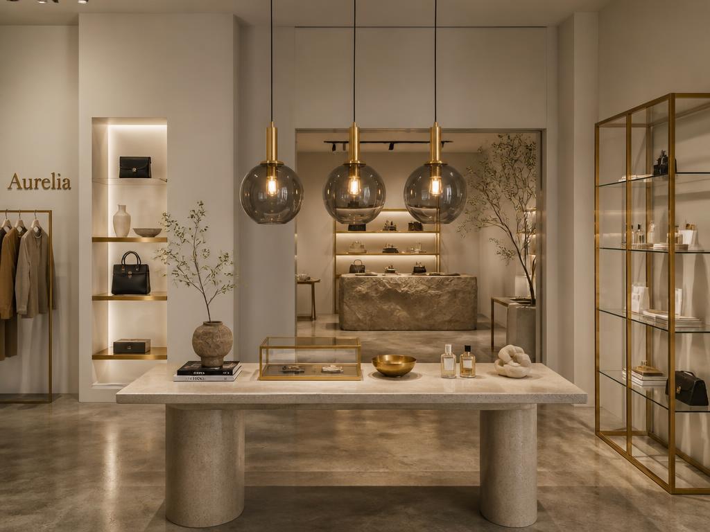 Concept store com três pendentes esfera de vidro fumê