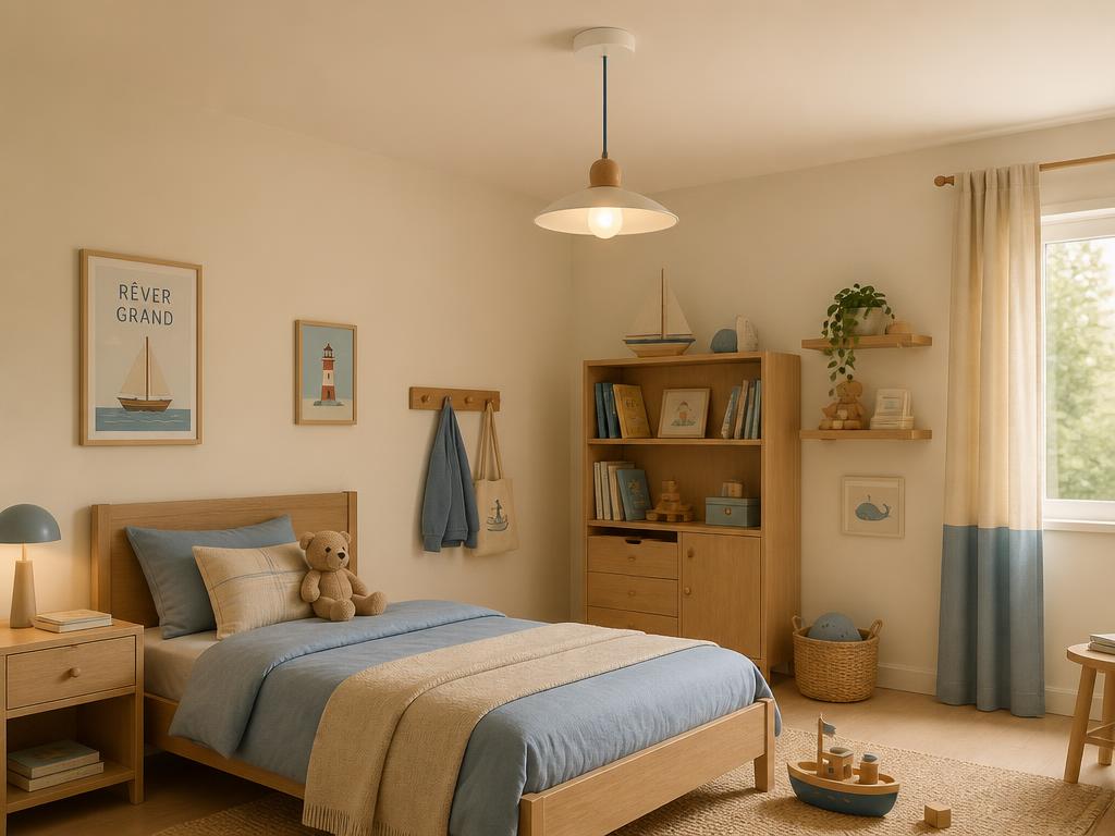 Quarto infantil com plafon branco e pendente de madeira clara