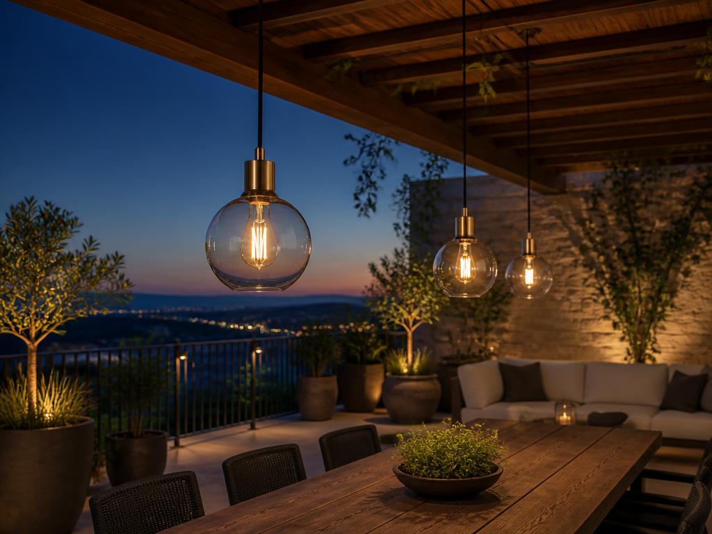 Terraço com pendente esfera de vidro e soquete latão