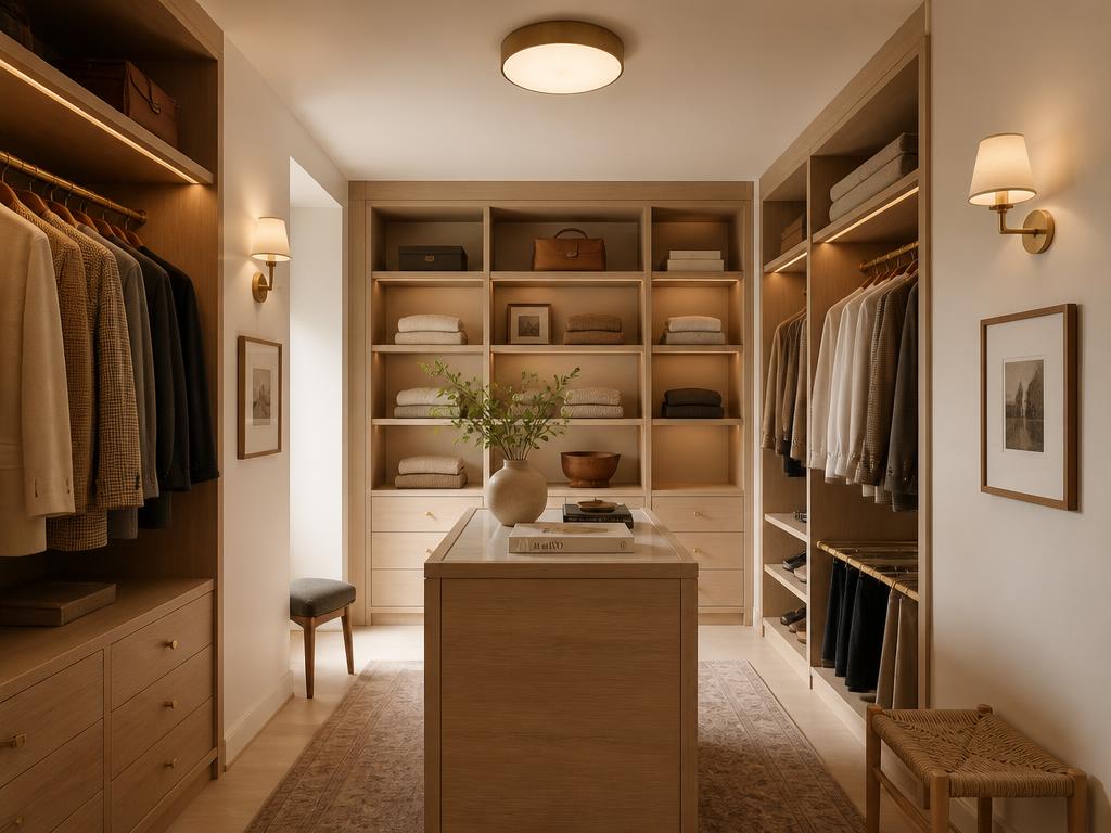 Closet com plafon embutido e arandelas de latão