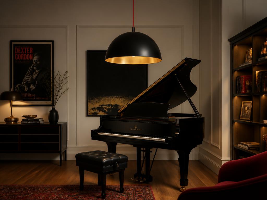 Sala de música com cúpula preta interior dourado e piano