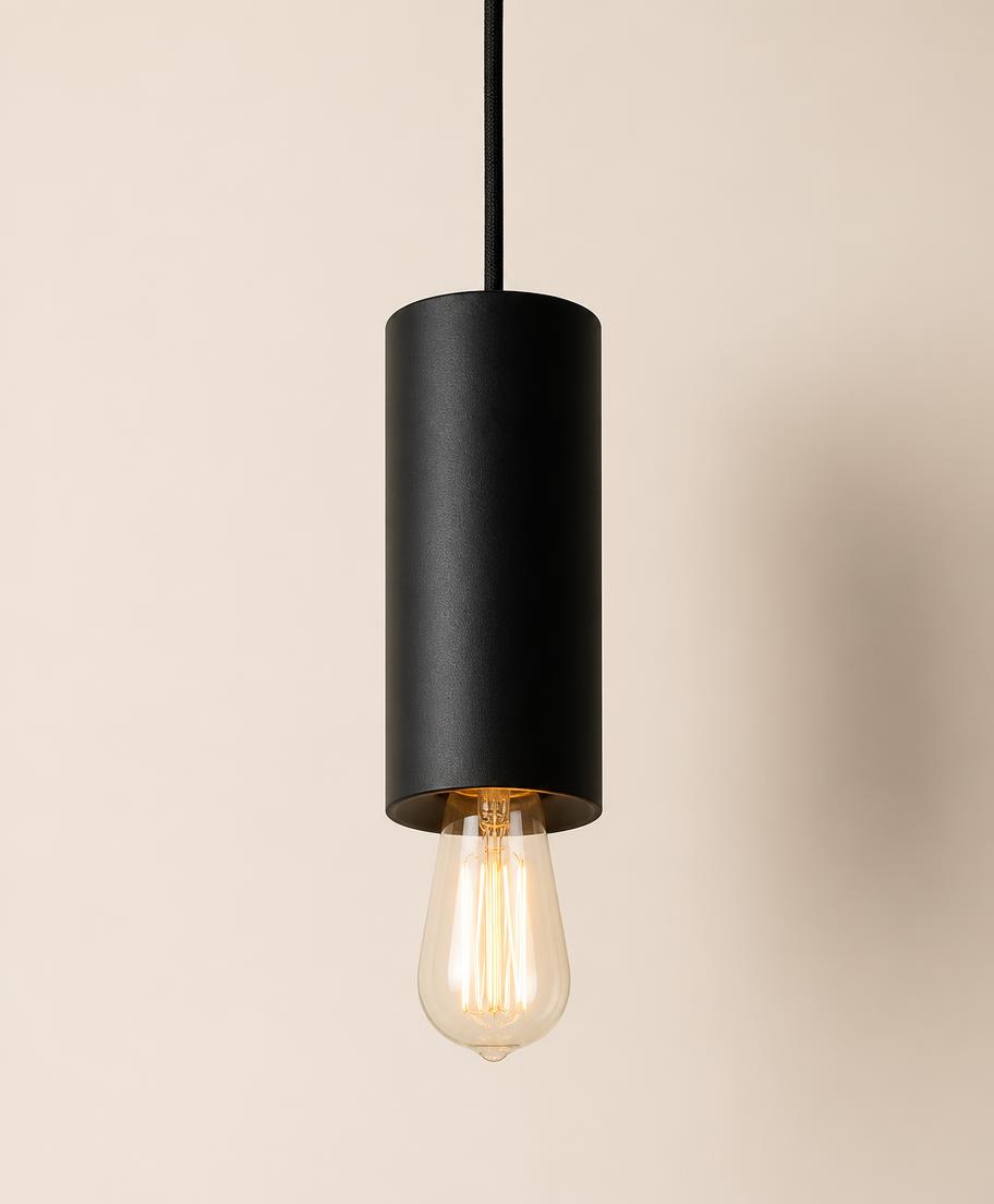 Pendente cilíndrico preto fosco com fio de tecido e lâmpada Edison